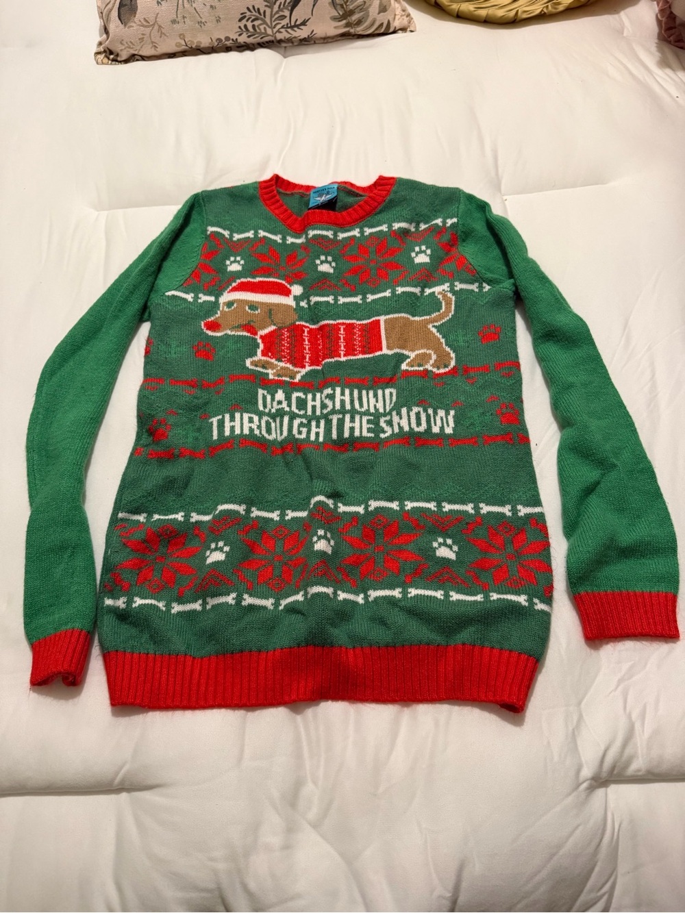 Green Dachshund Holiday Sweater with Red Trim